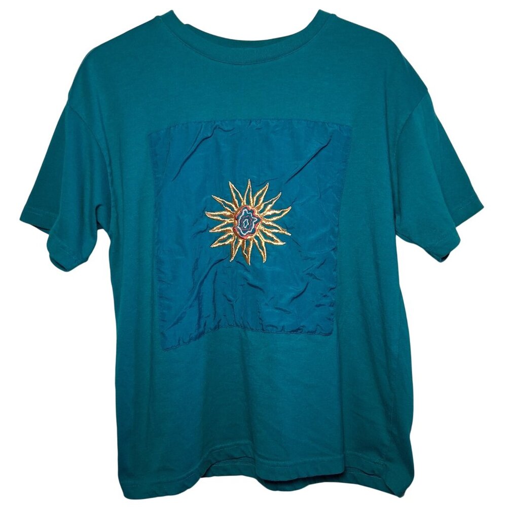 Vintage 1990s Bold Spirit Shirt Women Medium Turquoise Gold Sun Patch Celestial
